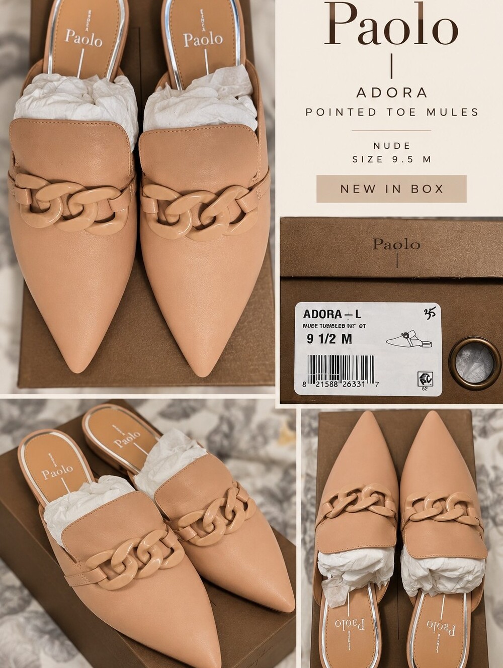 NIB Linea Paolo Nude Pointed Chain-Detail Mules